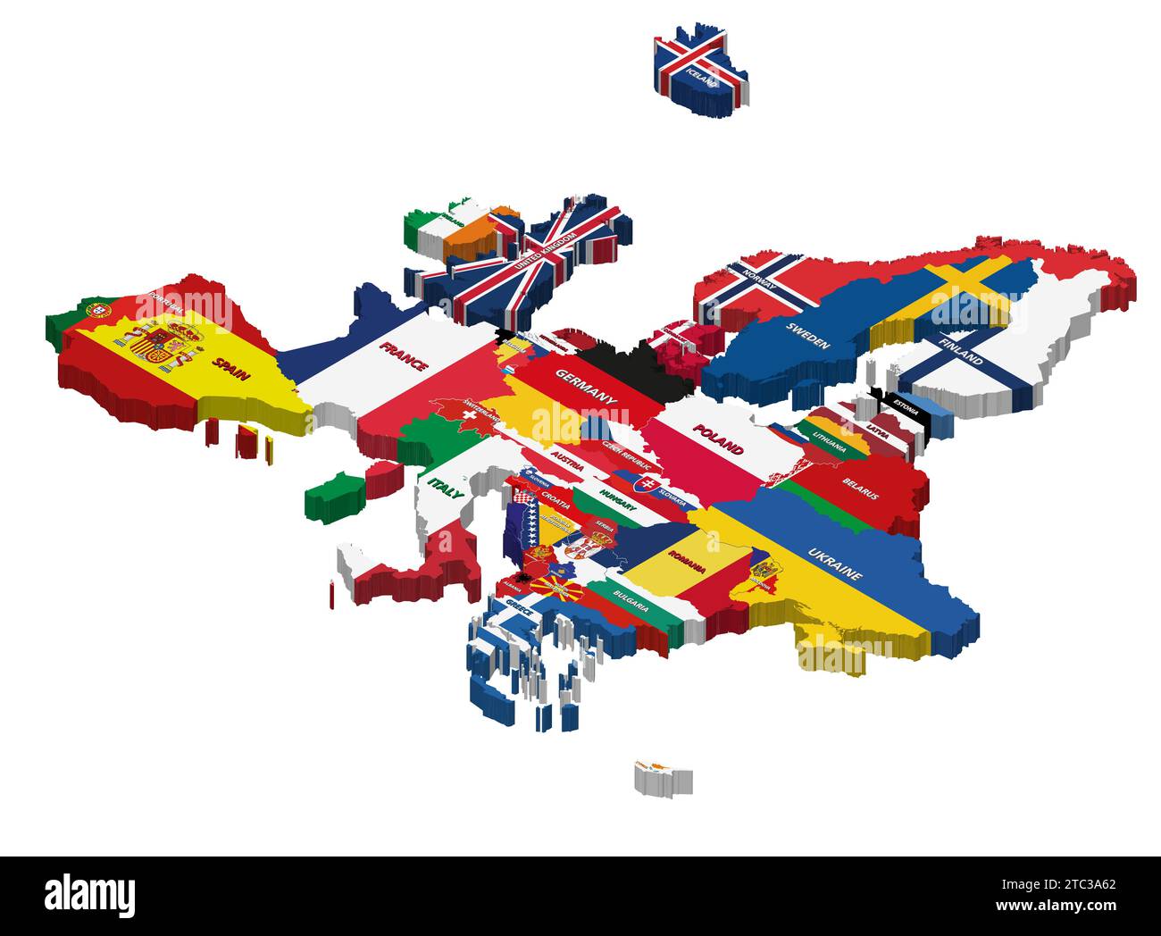 Mappa europea mista con bandiere nazionali e nomi di paesi. Illustrazione isometrica vettoriale Illustrazione Vettoriale