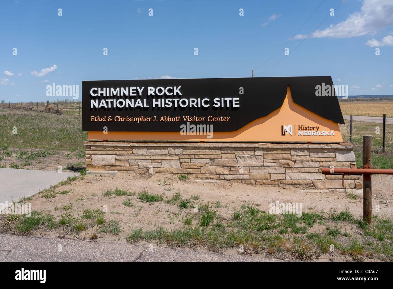 Il cartello d'ingresso per il Chimney Rock National Historic Site Ethel e il Christopher J. Abbott Visitor Center nella contea di Morrill nel Nebraska occidentale, Stati Uniti Foto Stock