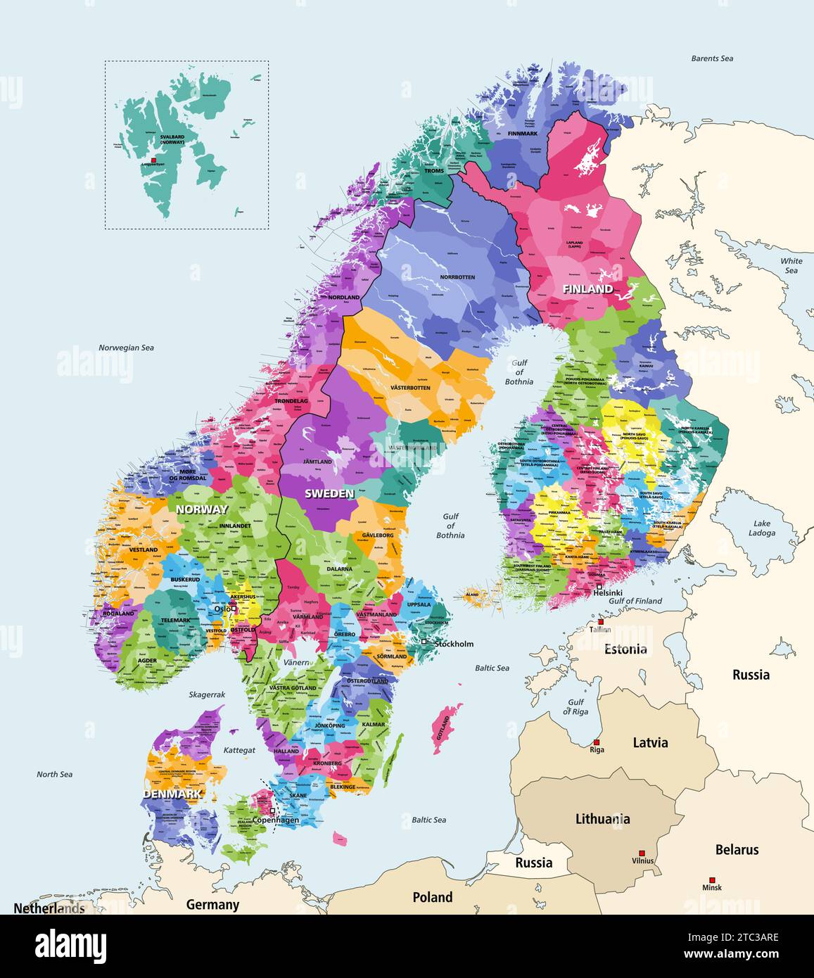 Mappa delle regioni e dei comuni nella regione nordica. Illustrazione vettoriale Illustrazione Vettoriale