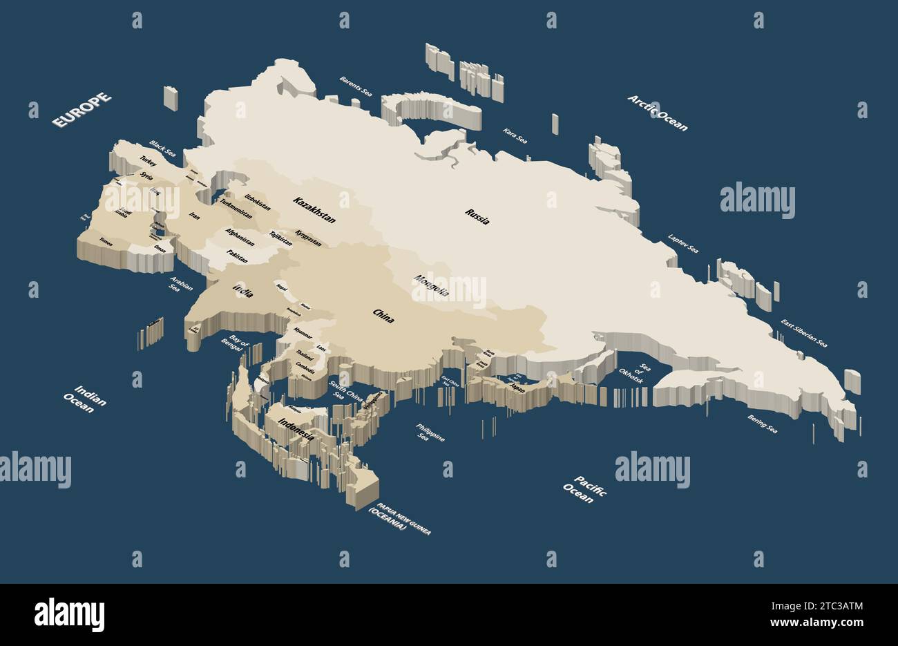 Asia Political dettagliato mappa vettoriale isometrica Illustrazione Vettoriale