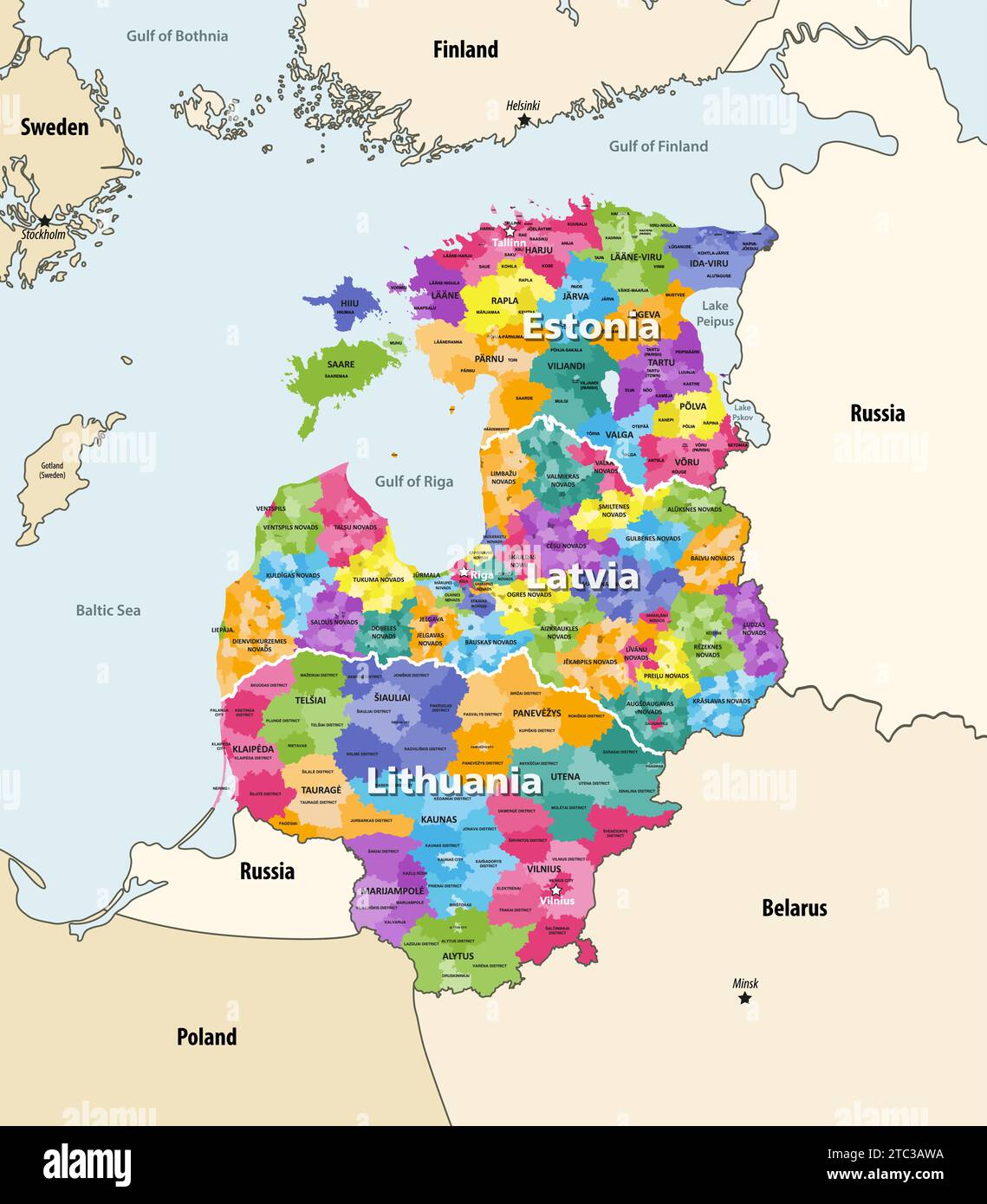 stati baltici, regione nord-orientale dell'Europa contenente i paesi di Estonia, Lettonia e Lituania, mappa politica vettoriale con il vicino distretto Illustrazione Vettoriale