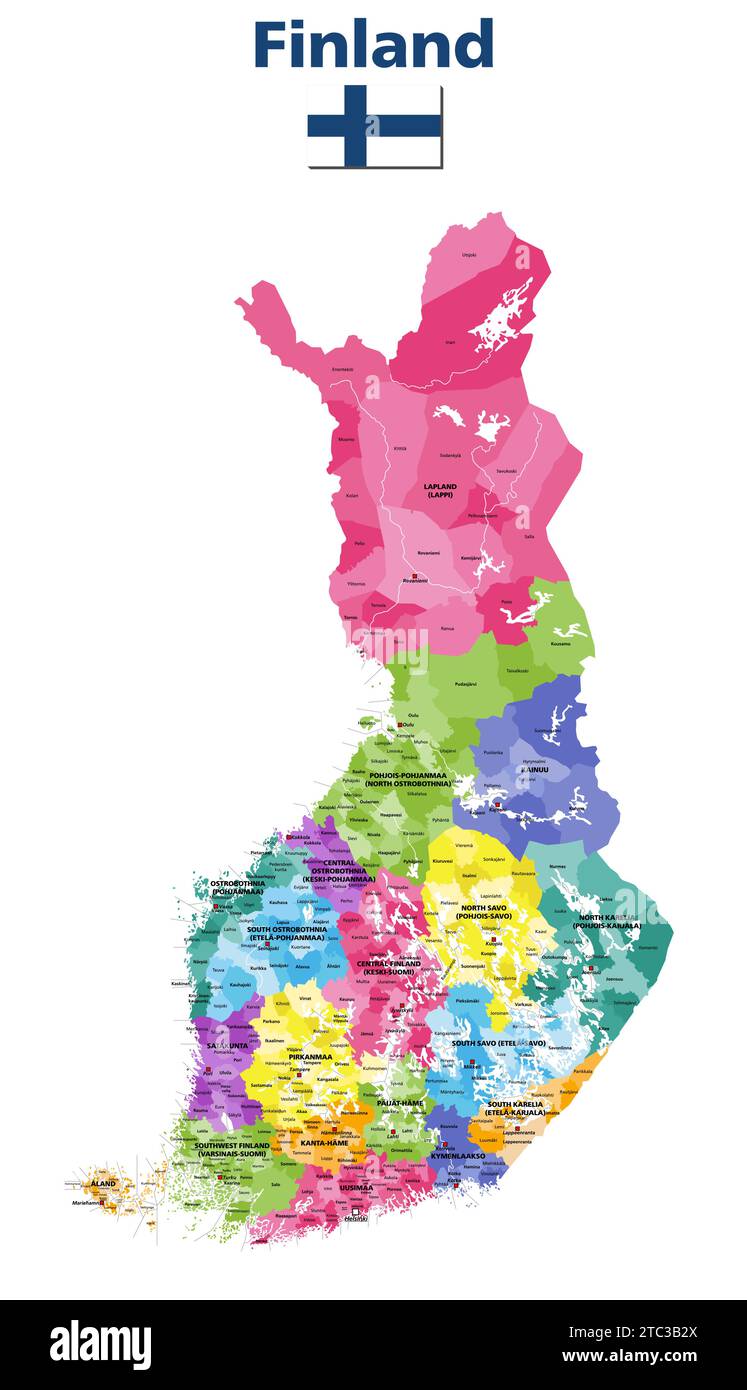 Mappa vettoriale dei comuni della Finlandia colorata per regioni con le lettere maiuscole e i nomi dei comuni Illustrazione Vettoriale