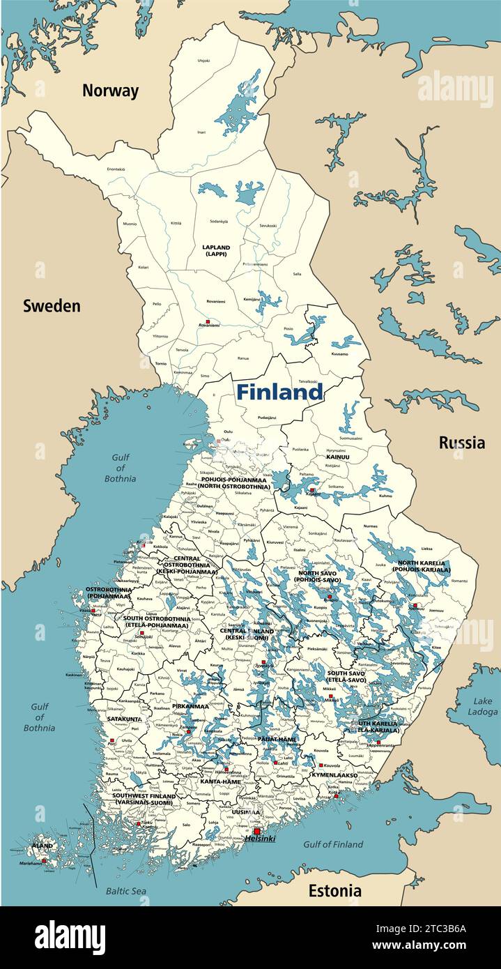 Mappa vettoriale dei comuni della Finlandia con le capitali delle regioni, circondate da paesi e territori limitrofi. Illustrazione Vettoriale