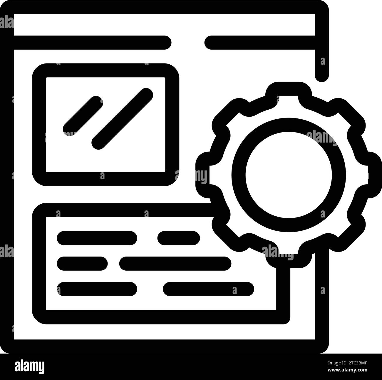 Icona di sviluppo tecnico online per delineare il vettore. Manutenzione tecnica del sito Web. Programmazione dell'implementazione del sito Web Illustrazione Vettoriale