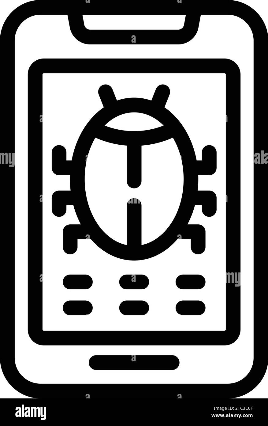 Icona bug app mobile per delineare vettore. Debug del software applicativo. Tester di garanzia della qualità Illustrazione Vettoriale