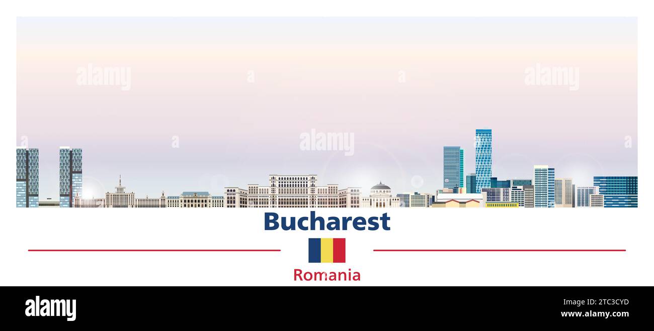 Paesaggio urbano di Bucarest su un bellissimo sfondo colorato con cielo sfumato illustrazione vettoriale con bandiera della Romania Illustrazione Vettoriale