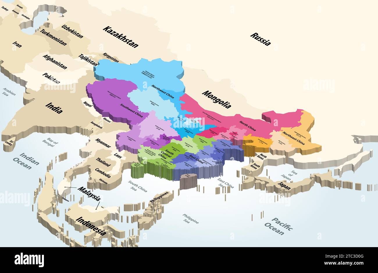 Mappa dei comuni della Cina con i paesi e territori confinanti mappa vettoriale Illustrazione Vettoriale
