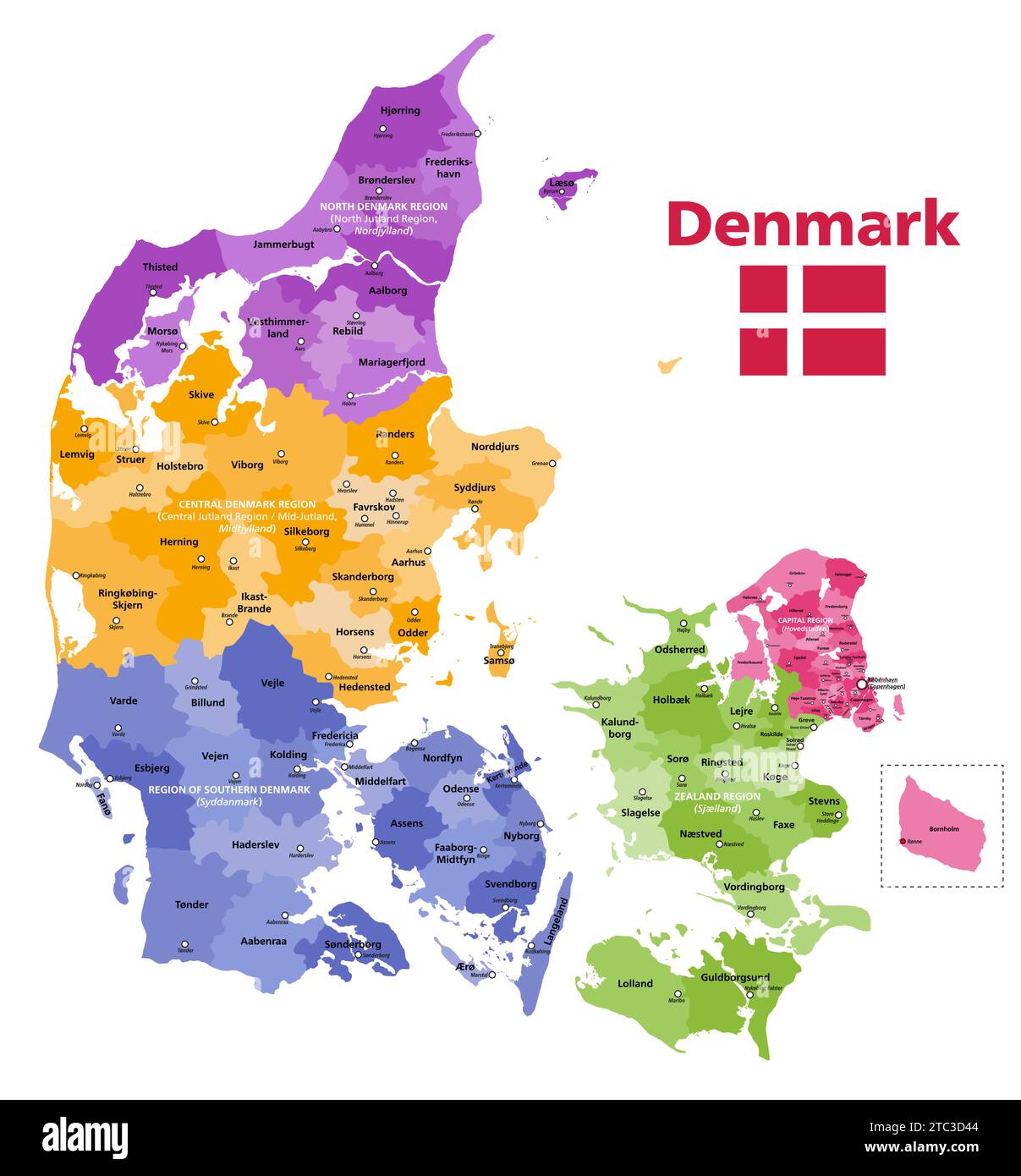 Mappa vettoriale dei comuni della Danimarca colorata per regioni con centri amministrativi Illustrazione Vettoriale