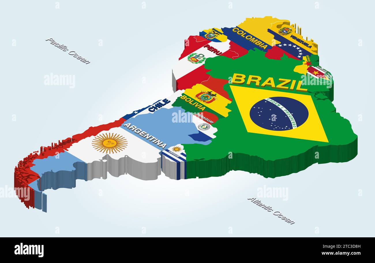 Mappa isometrica vettoriale del Sud America combinata con bandiere nazionali Illustrazione Vettoriale