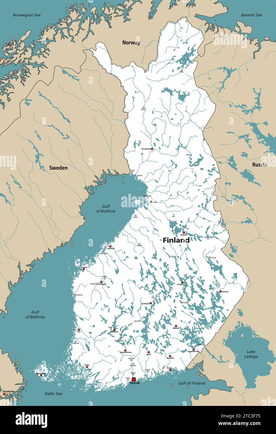 Mappa vettoriale dei laghi e dei fiumi della Finlandia con le capitali delle regioni, circondate da paesi e territori confinanti Illustrazione Vettoriale