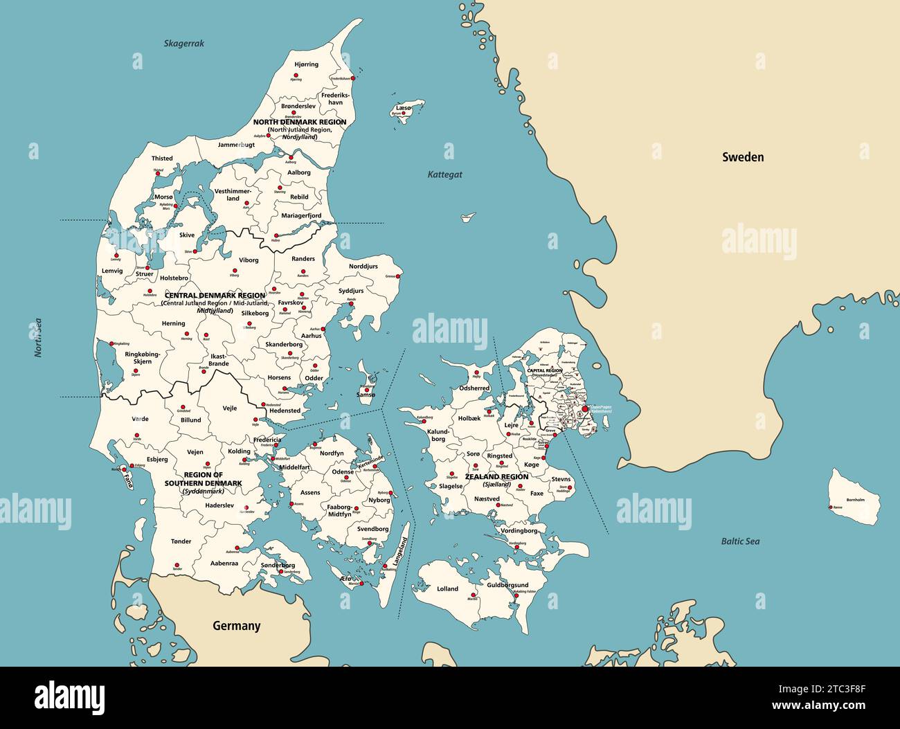 Mappa vettoriale dei comuni della Danimarca con centri amministrativi, circondati da paesi e territori limitrofi Illustrazione Vettoriale