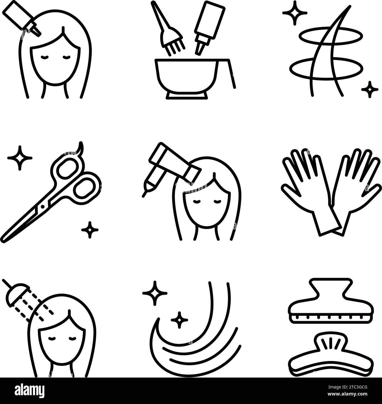 Set di icone per il servizio di parrucchiere. Industria della bellezza. Styling professionale dei capelli. Raccolta di pittogrammi per pagina Web, app mobile, promo. UI UX GUI DE Illustrazione Vettoriale