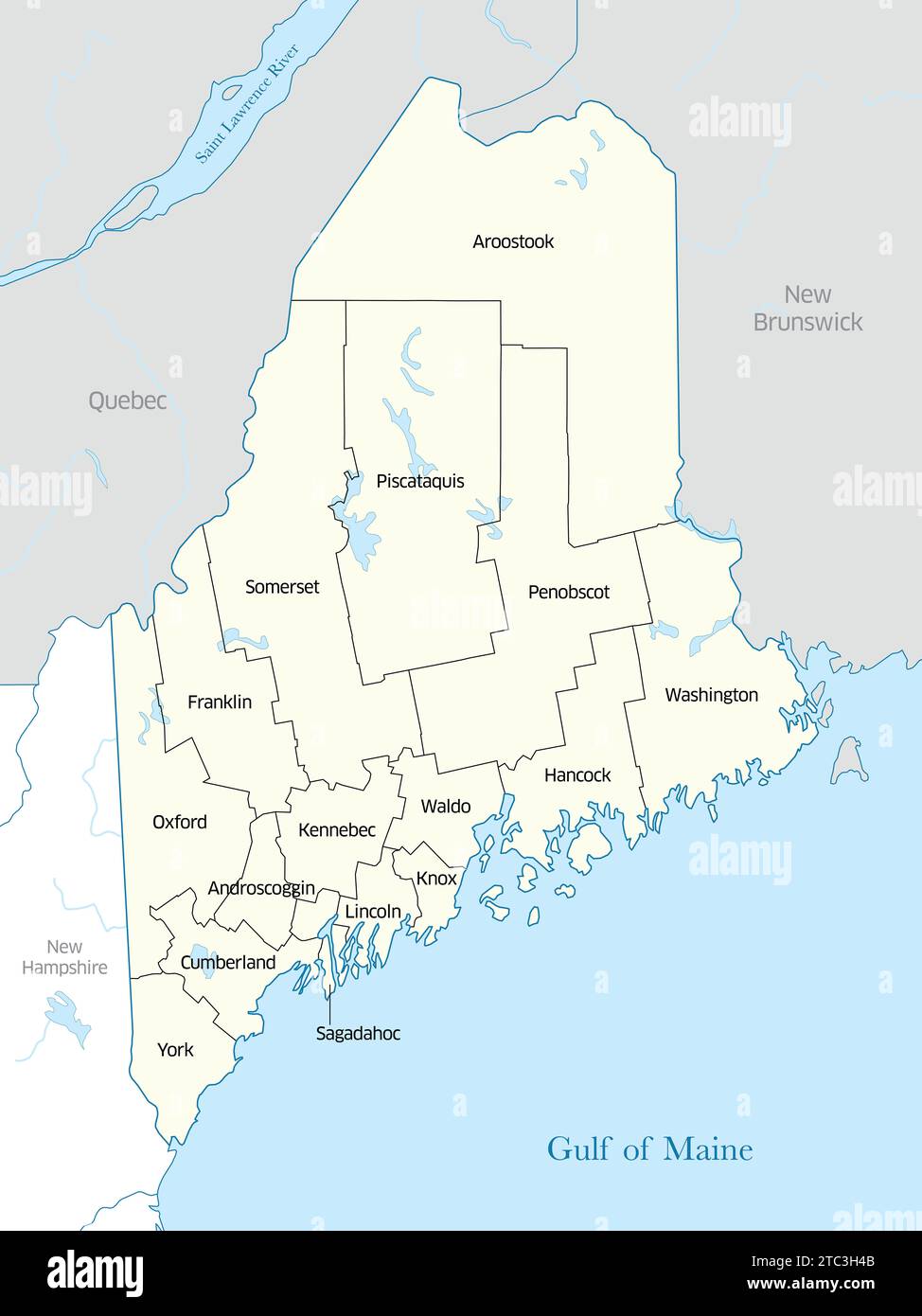 Mappa politica delle contee che costituiscono lo stato del Maine negli Stati Uniti Foto Stock