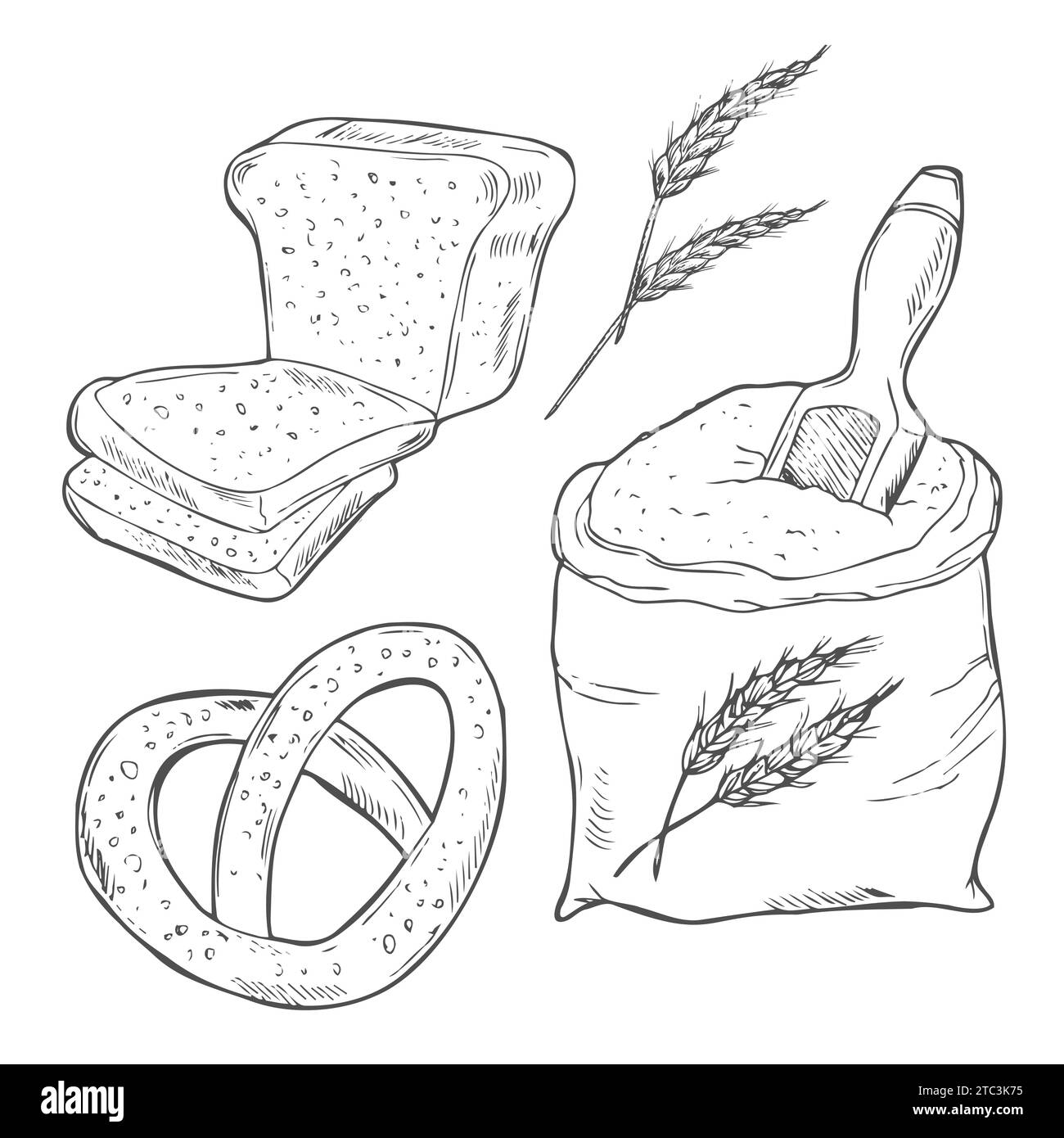 Set di vari doodle, schizzi semplici e ruvidi disegnati a mano di diversi tipi di pane. Illustrazione vettoriale a mano libera isolata Illustrazione Vettoriale