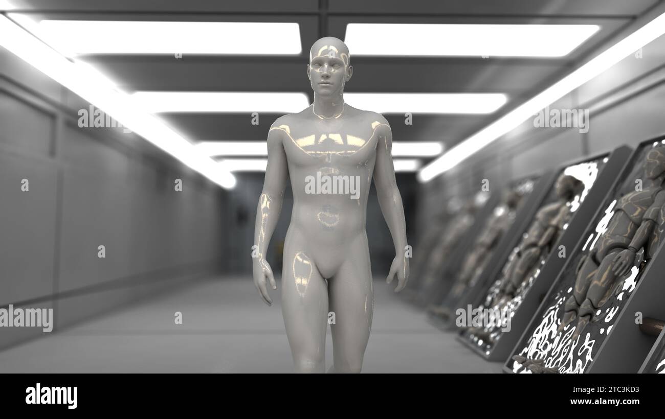Rendering 3D. Figure umanoidi e scena sicifi Foto Stock