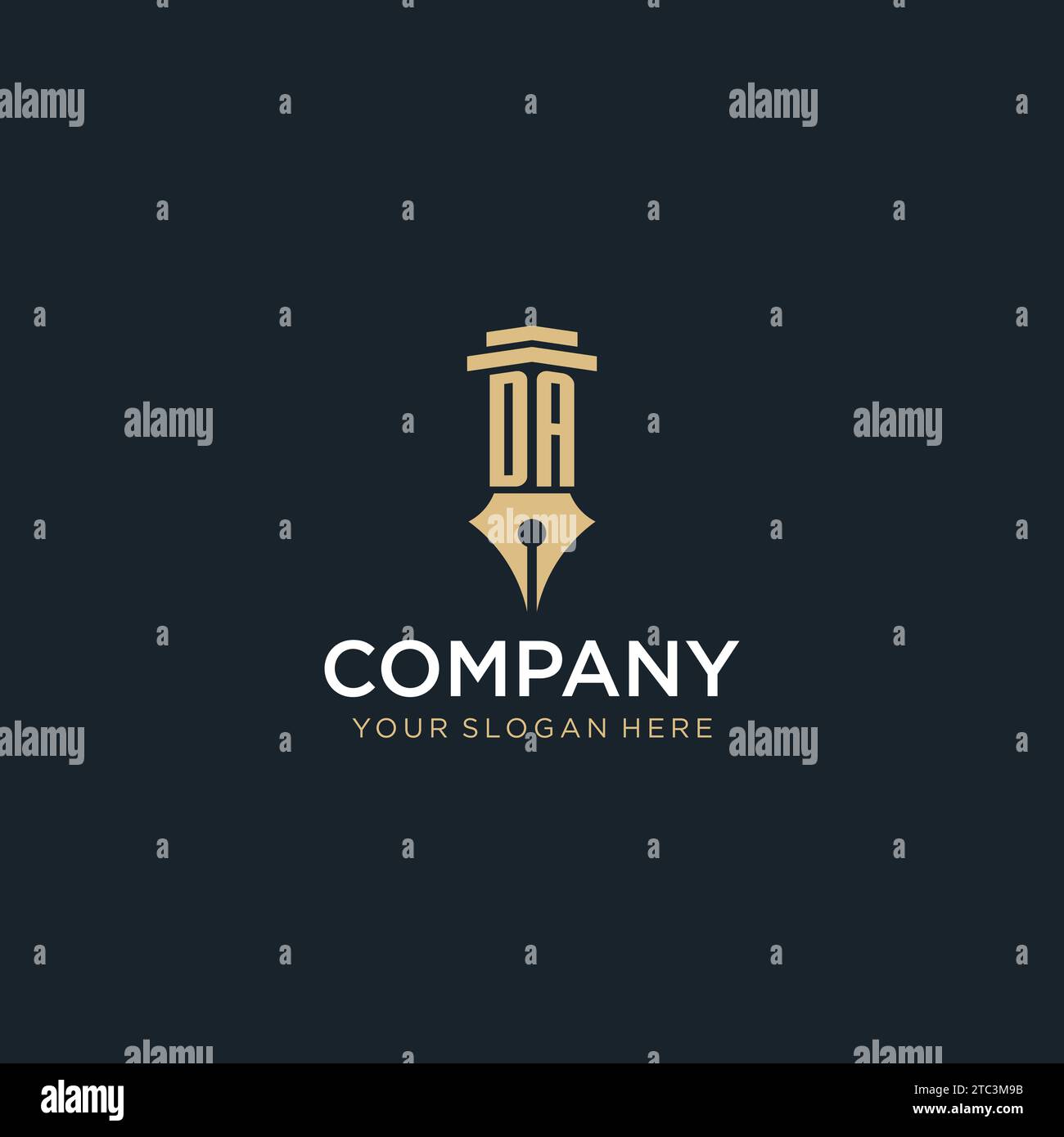 Logo iniziale DA monogram con penna stilografica e idee di design a colonna Illustrazione Vettoriale