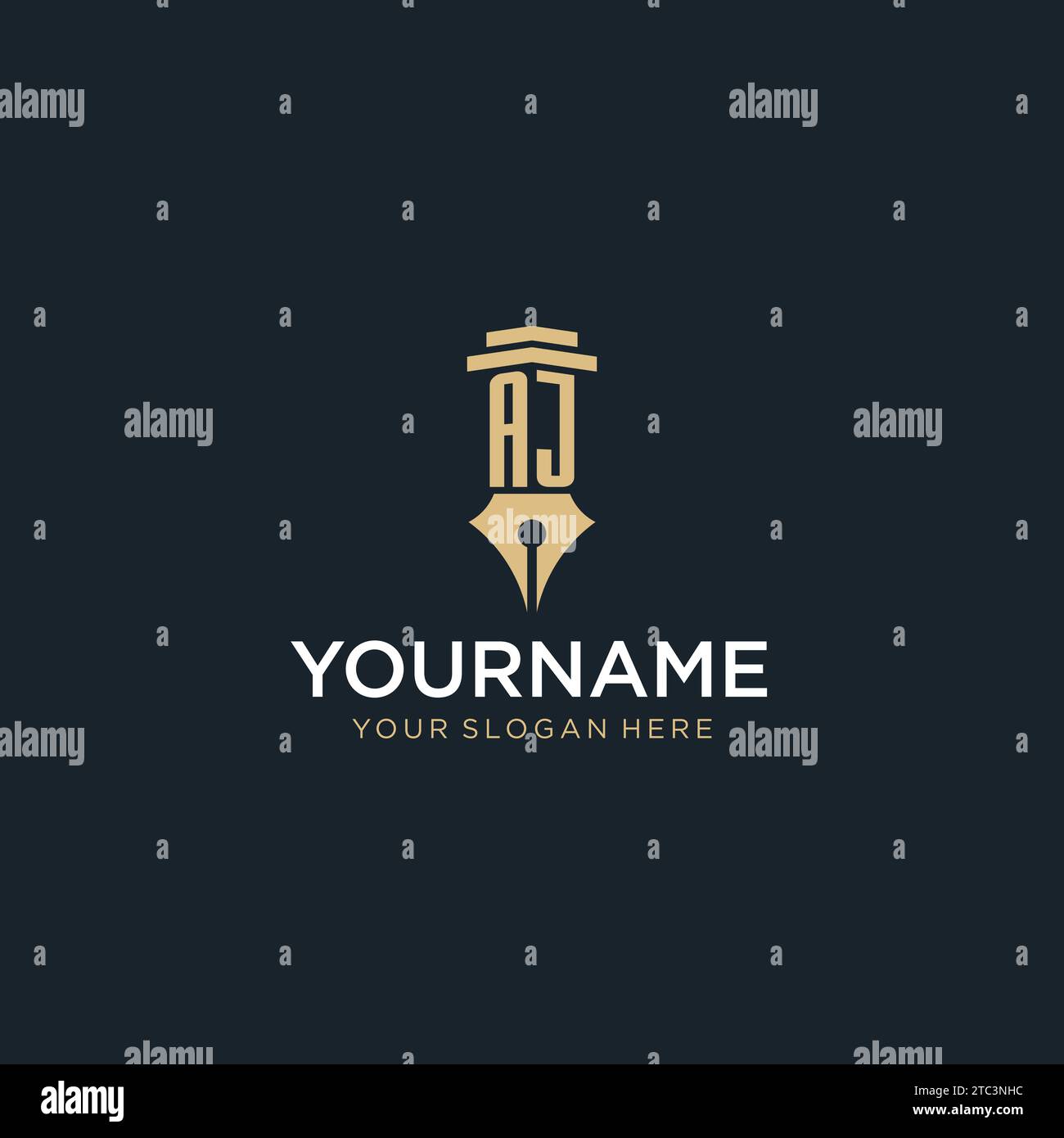 Logo iniziale monogramma AJ con penna stilografica e idee di design a colonna Illustrazione Vettoriale