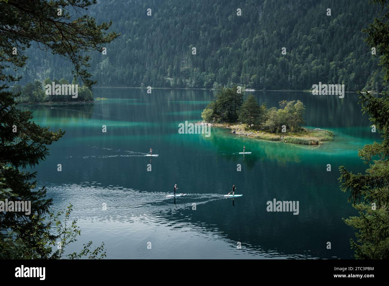 Ammira attraverso gli alberi del lago montano tedesco Eibsee con acqua limpida e persone sulle tavole da paddle. Foto Stock