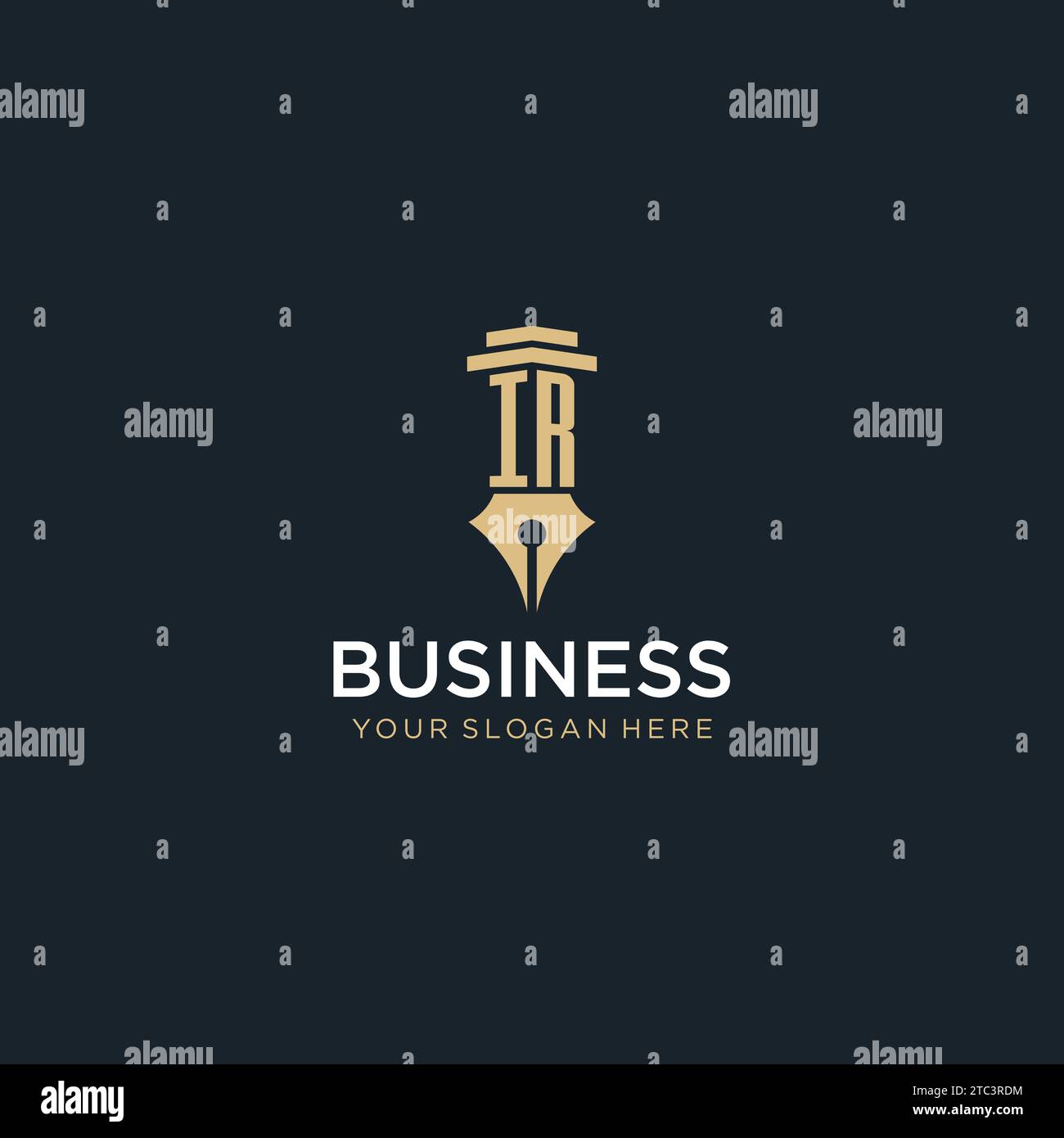 Logo iniziale monogramma IR con penna stilografica e idee di design a colonna Illustrazione Vettoriale