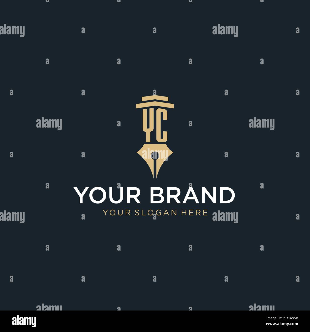 Logo iniziale monogramma YC con penna stilografica e idee di design a colonna Illustrazione Vettoriale