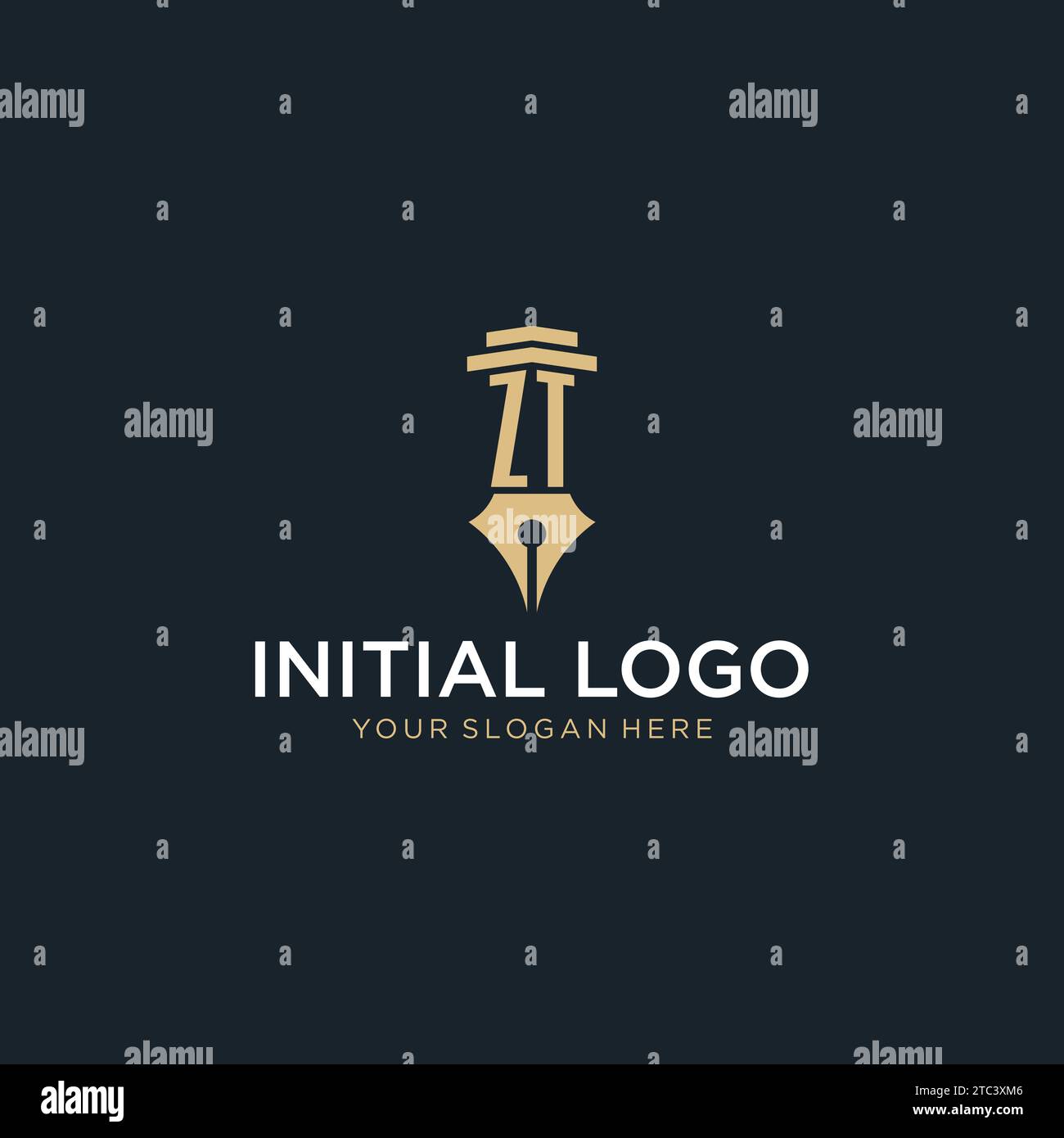 Logo iniziale monogramma ZT con penna stilografica e idee di design a colonna Illustrazione Vettoriale