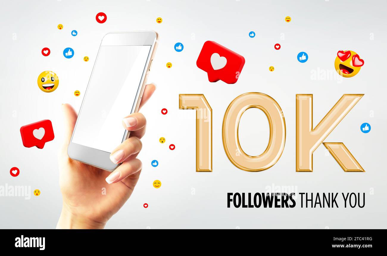 10k follower celebrano. Smartphone portatile con schermo vuoto. Mockup. Poster dei social media. I follower ti ringraziano. Rendering 3D. Foto Stock