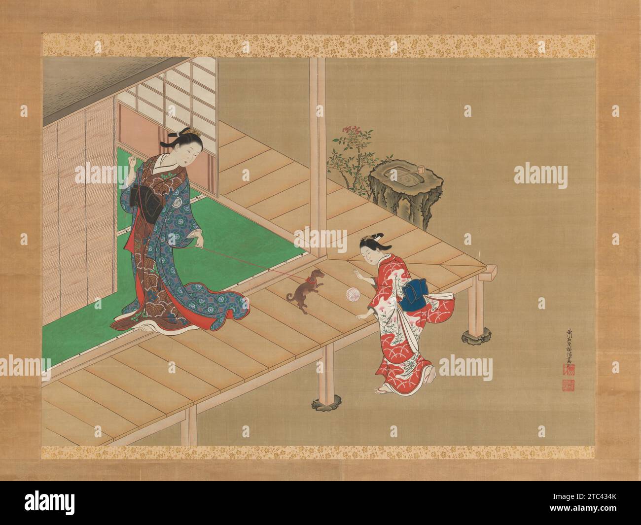 Cortigiana e assistente che gioca con un cane 2015 di Nishikawa Sukenobu Foto Stock