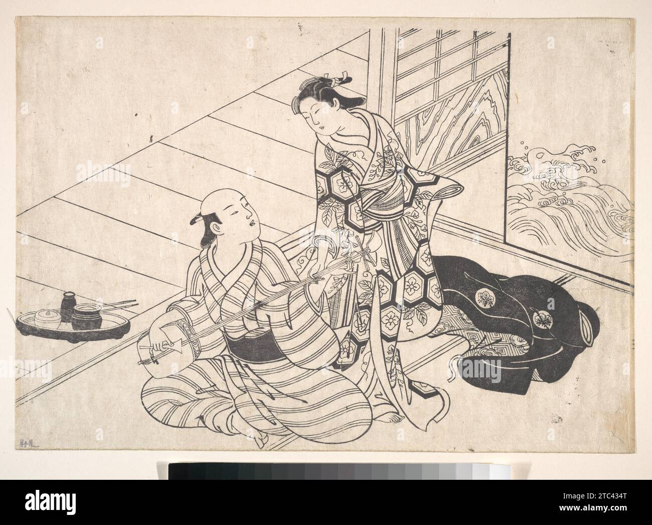 Lady Interrupting Her Lover, che sta interpretando lo Shamisen 1929 di Nishikawa Sukenobu Foto Stock