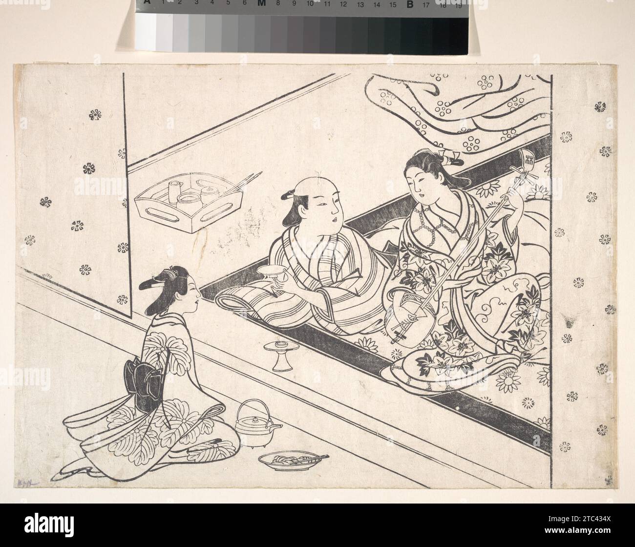 Lady che interpreta Shamisen, con il suo amante e assistente vicino 1929 di Nishikawa Sukenobu Foto Stock