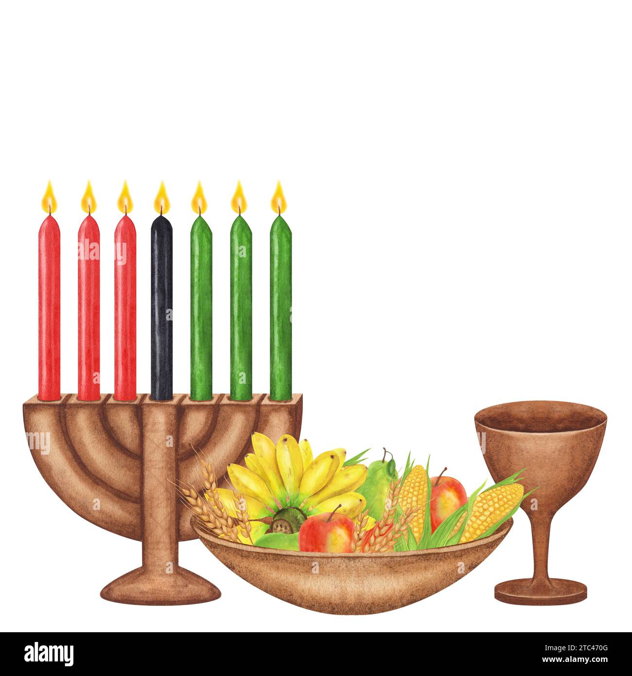 Cartolina di Kwanzaa. Vacanze afro-americane. Kinara, sette candele incendiate, raccolta regalo per il tamburo con cartina rossa, nera e verde. Acquerello disegnato a mano Foto Stock