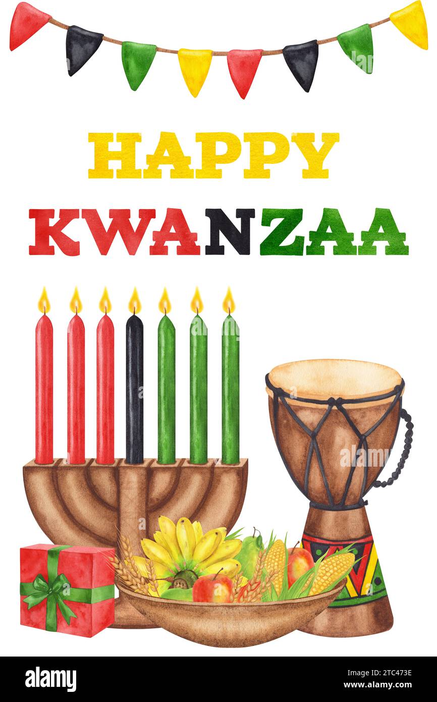 Cartolina Kwanzaa. Vacanze afro-americane. Kinara, sette candele incendiate, raccolta regalo per il tamburo con cartina rossa, nera e verde. Acquerello disegnato a mano Foto Stock