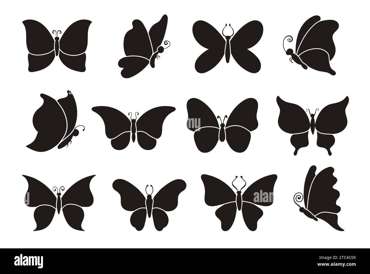 Silhouette a farfalla. Insetti alati neri. Diverse forme monocromatiche ondulate. Creature naturali decorative. Insetti tropicali. Carino tatuaggio di falena Illustrazione Vettoriale