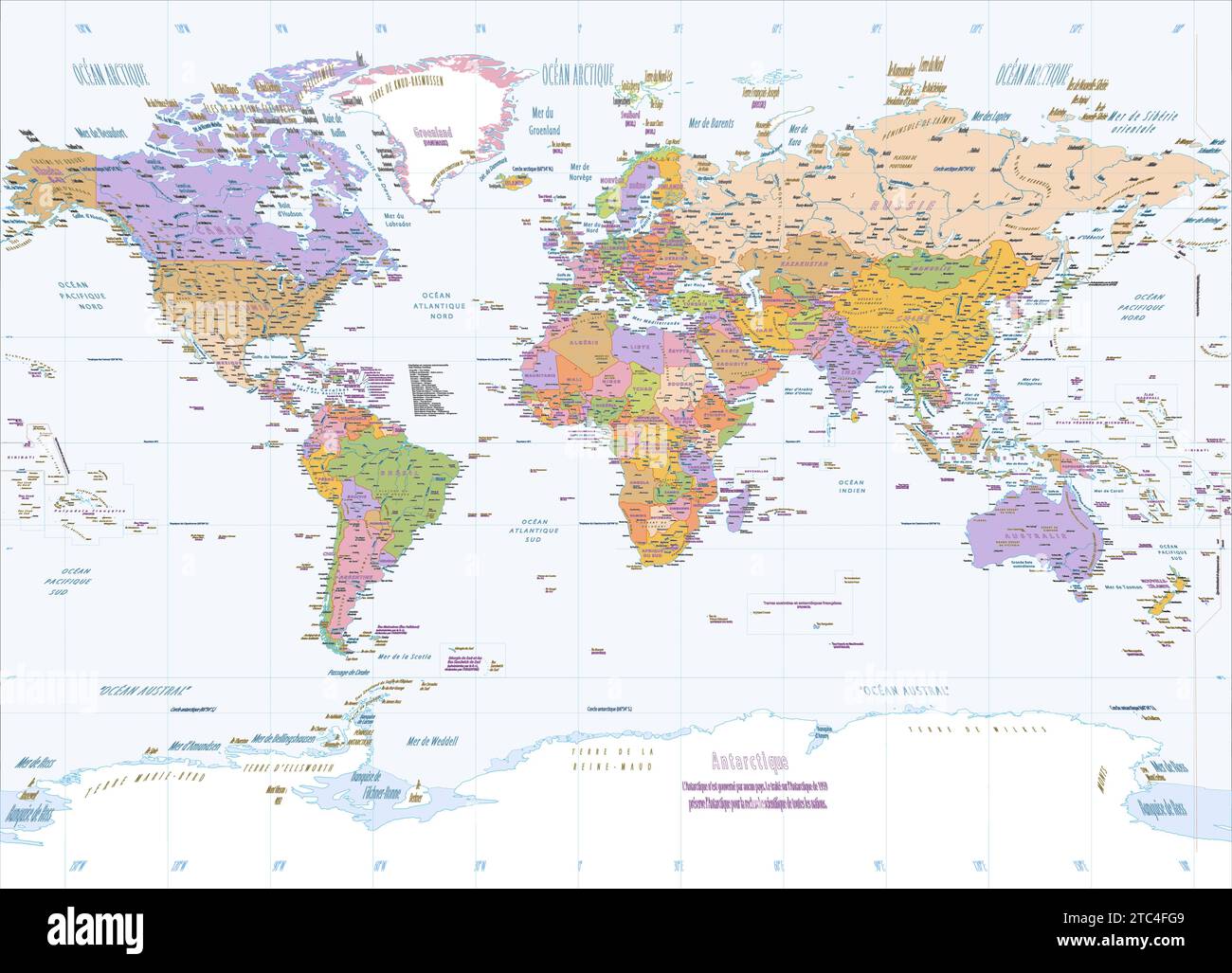 Mappa del mondo politico proiezione Miller in lingua francese Illustrazione Vettoriale