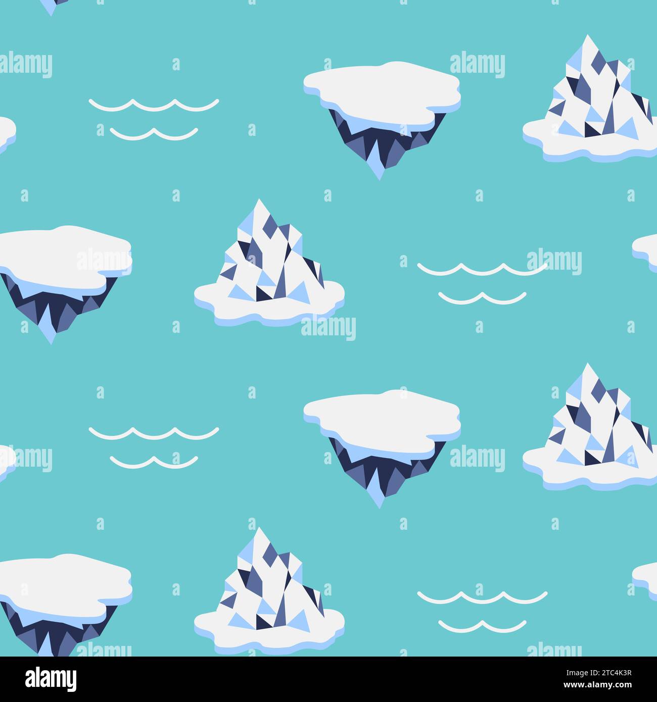Motivo a cartoni animati iceberg senza cuciture. Design dello sfondo ripetuto per la stampa su tessuto. Illustrazione dei ghiacciai in vettoriale piatto ad acqua Illustrazione Vettoriale