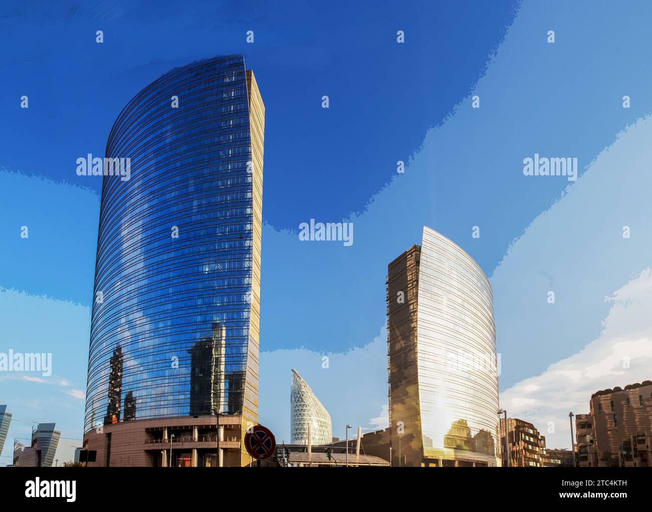Panorama di grattacieli nella BAM Tree Library, quartiere di Milano, soleggiato giorno d'autunno Foto Stock