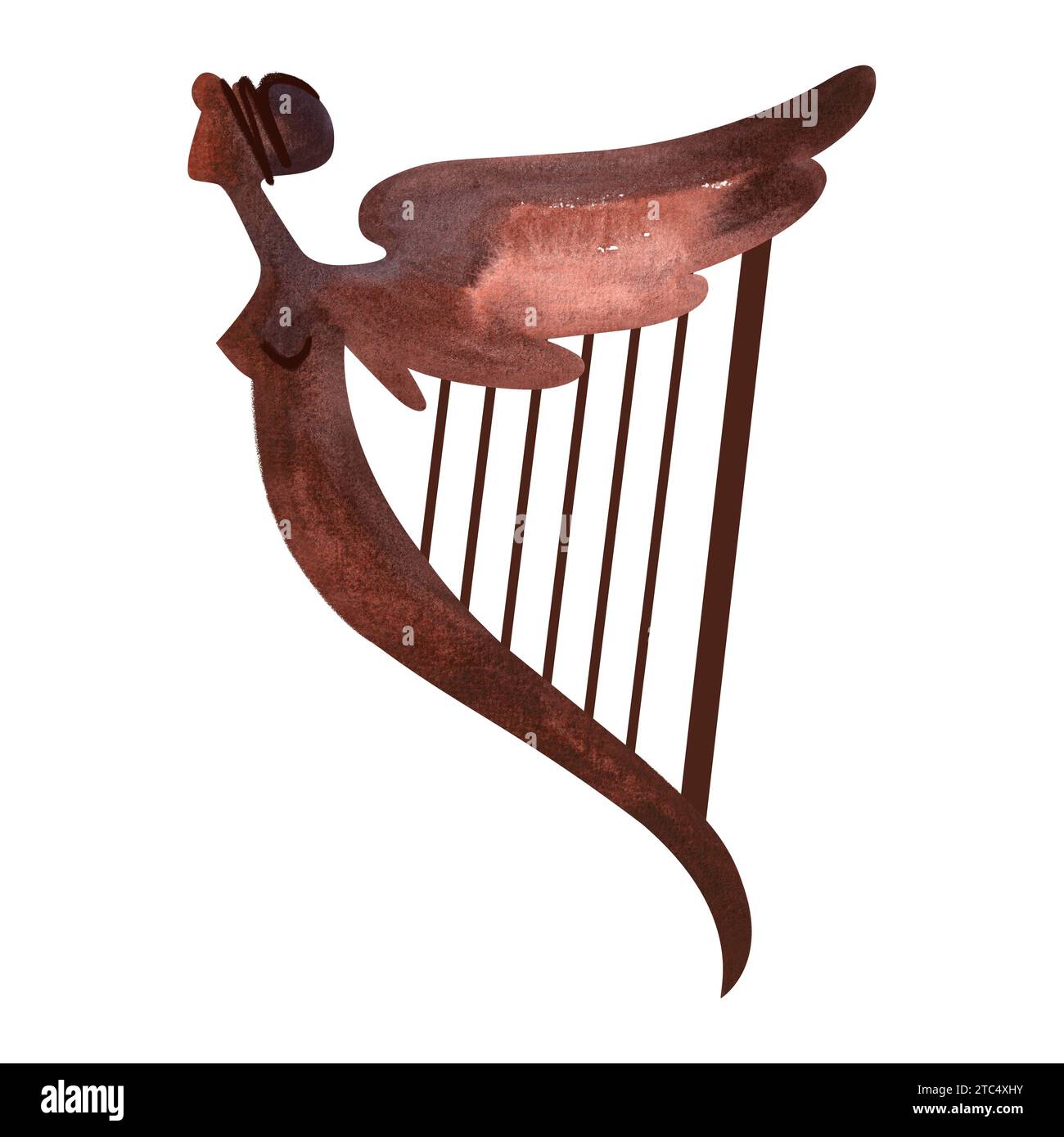 Arpa celtica in legno con silhouette femminile. Simbolo dell'Irlanda. St.Patrick 's Day. Illustrazione ad acquerello isolata in stile vintage Foto Stock