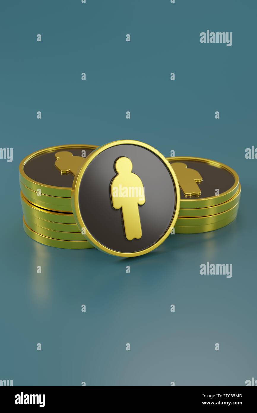Monete d'oro con figure di persone. illustrazione 3d. Foto Stock