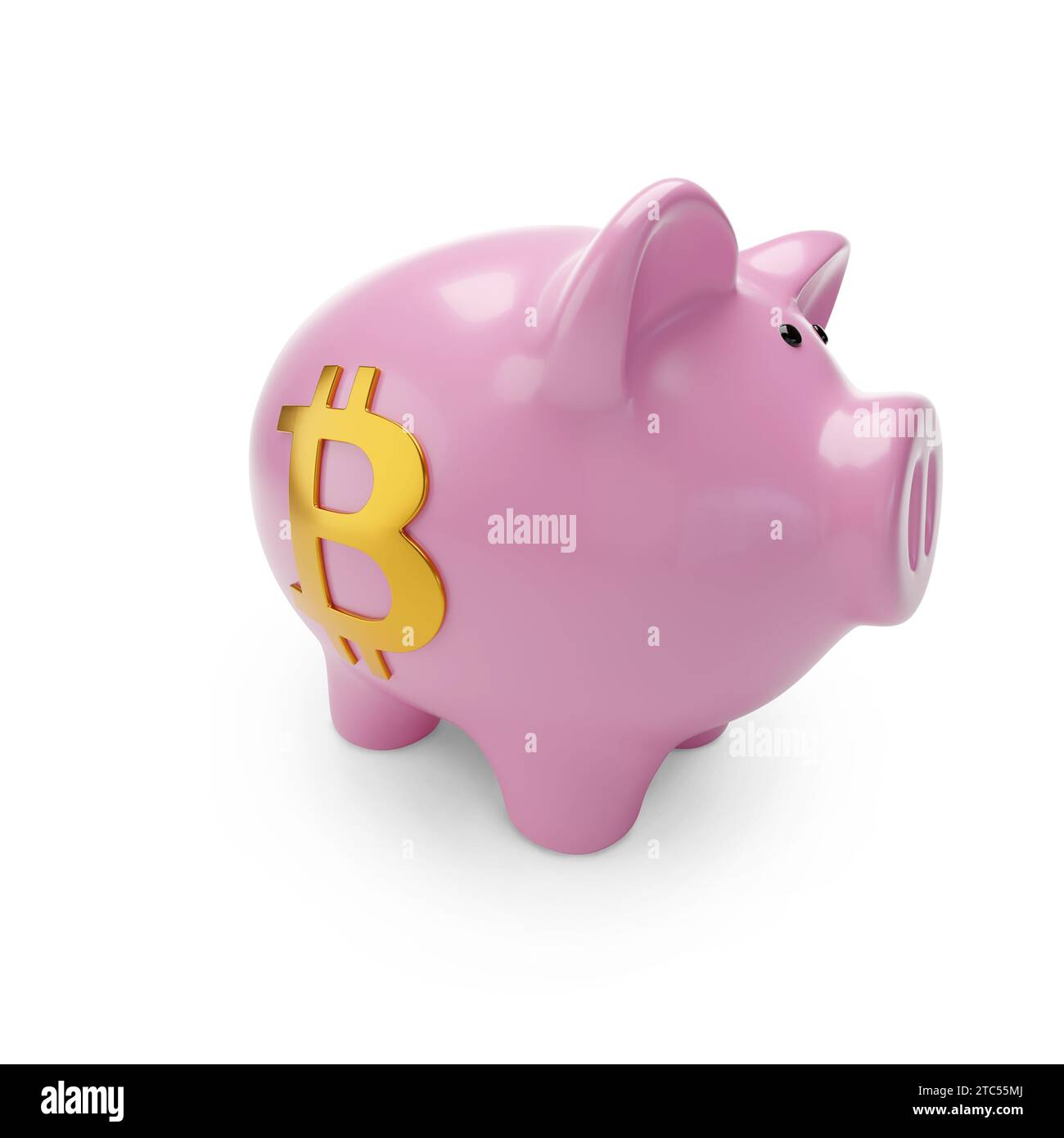 Salvadanaio con simbolo Bitcoin con spazio di copia. illustrazione 3d. Foto Stock