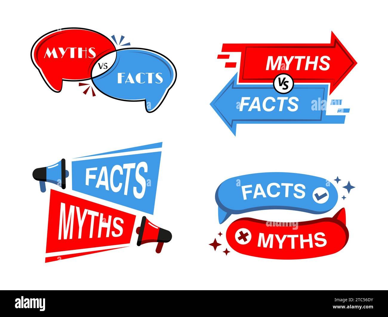 Miti e fatti distintivi, verità e false icone che separano la finzione dalla realtà. Simboli vettoriali della conoscenza, potenziamento dei cercatori di verità, eliminazione dei malintesi, promozione di una cultura di comprensione informata Illustrazione Vettoriale