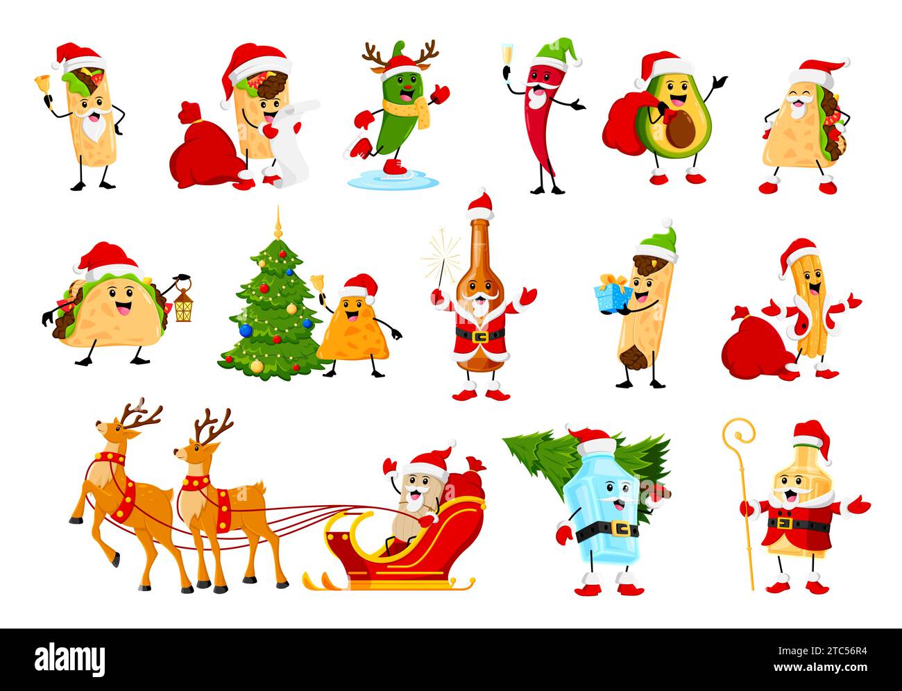 Personaggi della cucina messicana Cartoon christmas tex mex. Burrito vettoriale, chimichanga, jalapeno o peperoncino. Avocado, quesadilla, taco e nachos. Mezcal, tequila, enchiladas, churros o tamales Illustrazione Vettoriale