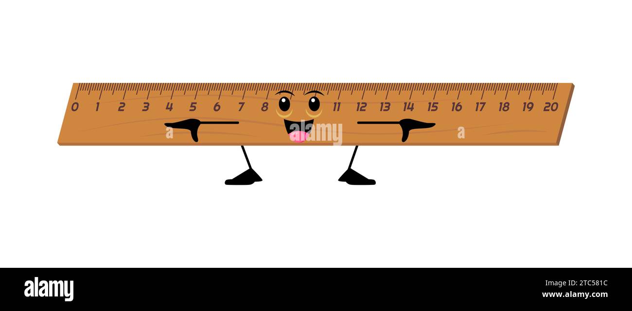 Cartone animato allegro e divertente personaggio di cancelleria scolastica. Strumento di misurazione isolato con un volto sorridente, marcature e una personalità gioiosa, pronto a misurare ed educare gli studenti Illustrazione Vettoriale