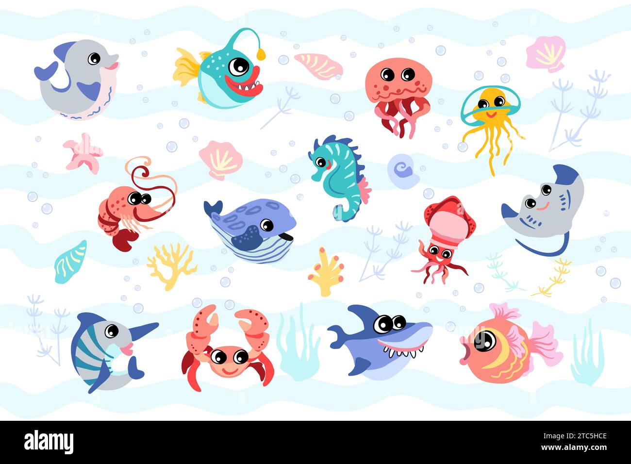 Set con elementi di vita marina disegnati a mano. Set di cartoni animati vettoriali di oggetti SEA LIFE per la progettazione. Colorati animali marini Illustrazione Vettoriale