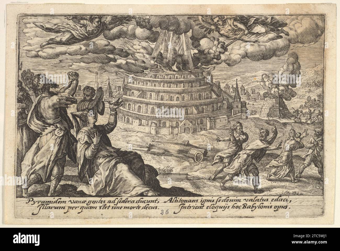 Distruzione della Torre di Babele: A destra uomini e donne fuggono dalla torre in fiamme, a sinistra uomini e donne alzano le mani verso due angeli volanti, da "Liber Genesis" 2012 di Crispijn de Passe il Vecchio Foto Stock