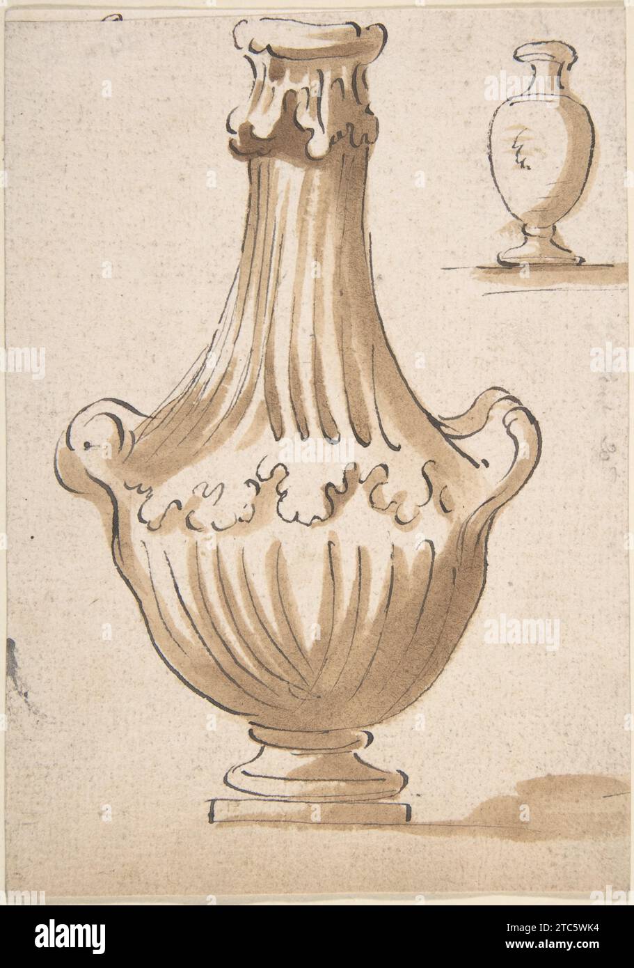 Design per vaso: Due manici, senza coperchio. In alto a destra, una forma più piccola e semplice (recto); parte di un disegno Chalk (verso) 1955 di Anonymous, Italian, Venetian, XVIII secolo Foto Stock