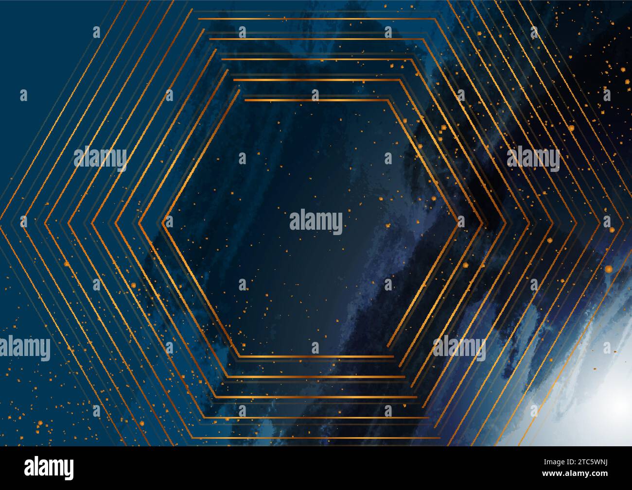 Esagoni e puntini dorati su sfondo grunge blu scuro. Progettazione vettoriale Illustrazione Vettoriale