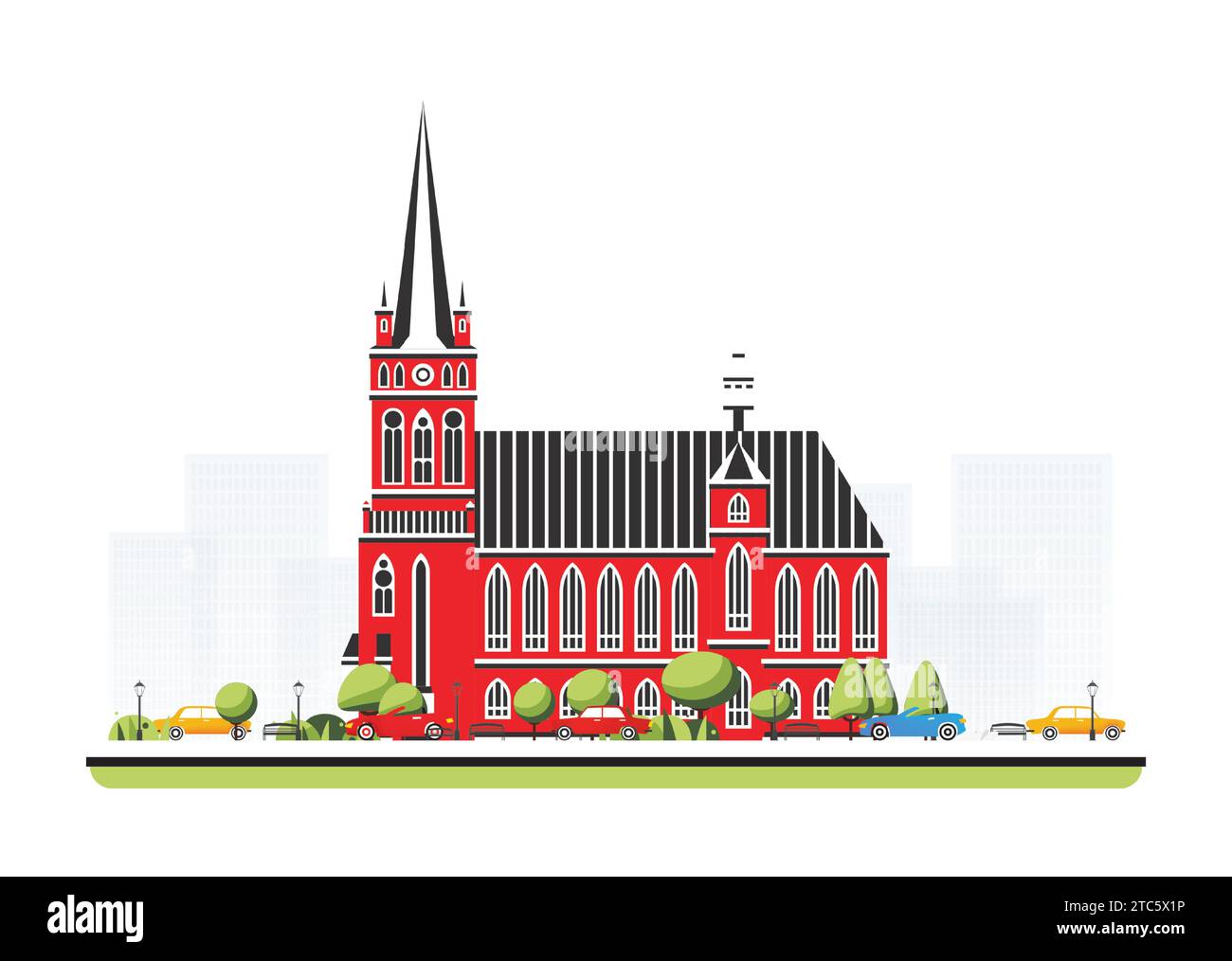 Vecchio edificio rosso della cattedrale in stile piatto con alberi e automobili. Illustrazione vettoriale. Scena cittadina isolata su sfondo bianco. Architettura urbana. Illustrazione Vettoriale