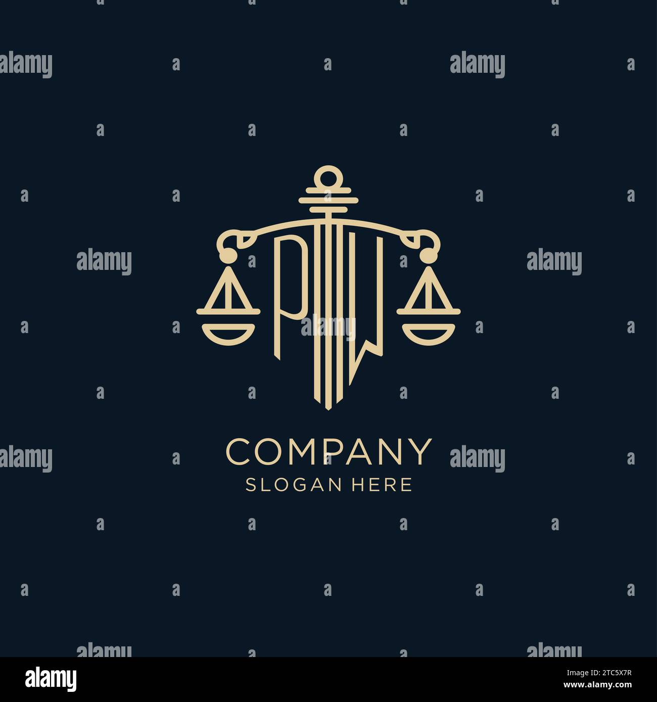 Logo PW iniziale con scudo e scale di giustizia, lusso e logo di uno studio legale moderno grafica vettoriale Illustrazione Vettoriale