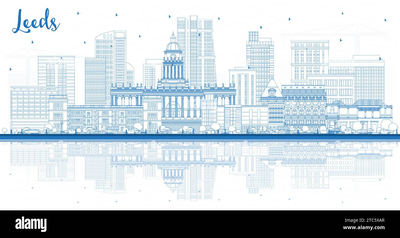 Delinea lo skyline di Leeds UK City con edifici e riflessi blu. Illustrazione vettoriale. Leeds, Yorkshire, paesaggio urbano con monumenti storici. Viaggi d'affari e. Illustrazione Vettoriale