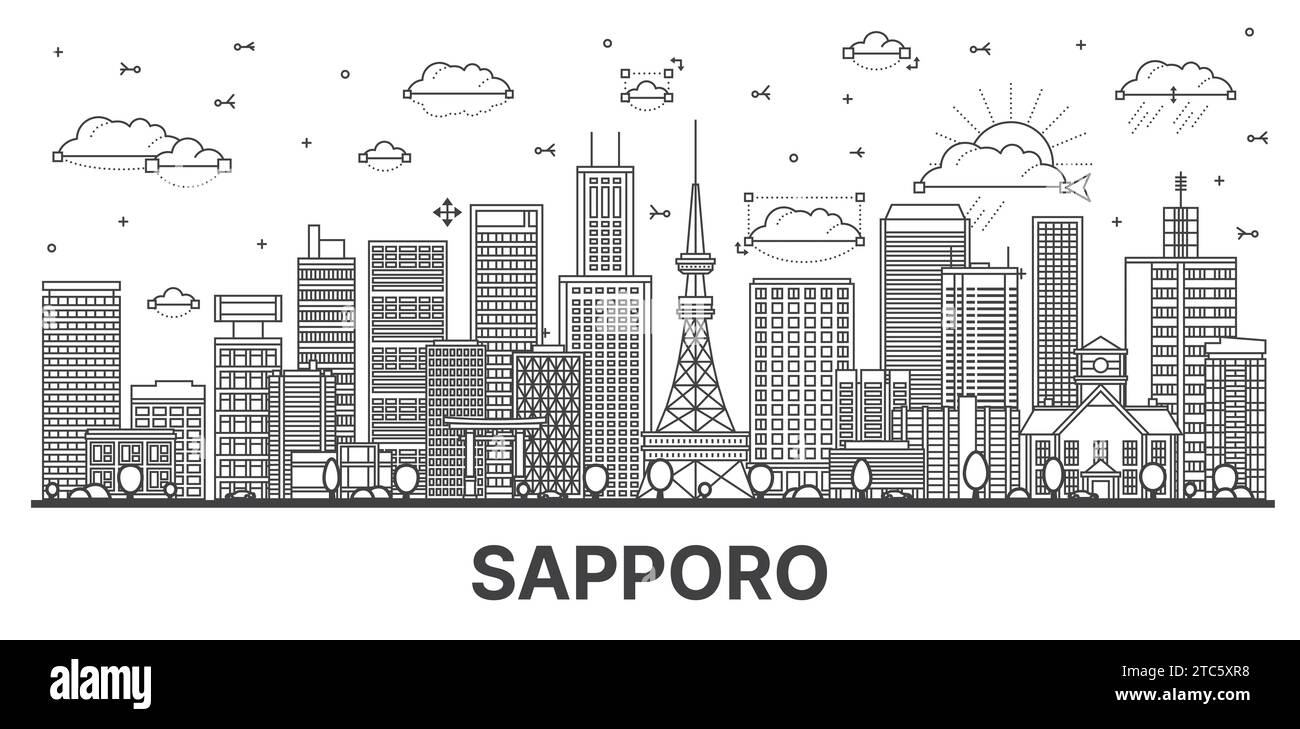 Delinea lo skyline della città di Sapporo, Giappone, con edifici moderni e storici isolati su bianco. Illustrazione vettoriale. Paesaggio urbano di Sapporo con monumenti storici. Illustrazione Vettoriale