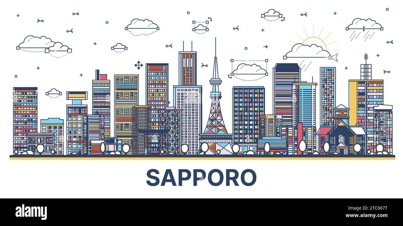 Delinea lo skyline della città di Sapporo, Giappone, con edifici colorati moderni e storici isolati su bianco. Illustrazione vettoriale. Paesaggio urbano di Sapporo con monumenti storici Illustrazione Vettoriale